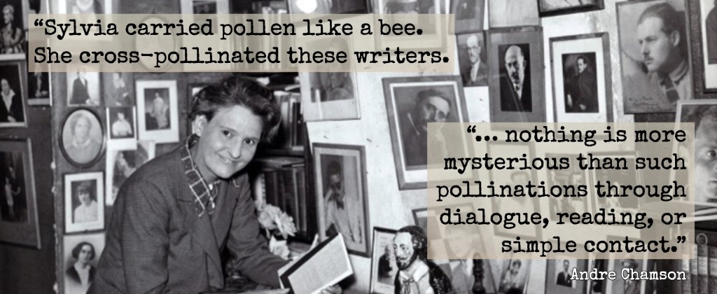 Sylvia Beach among framed author portraits, with André Chamson quotes about literary cross-pollination
