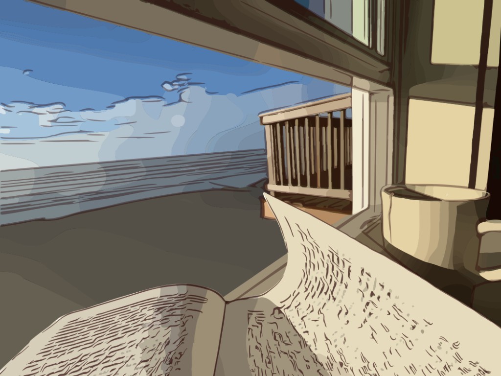Illustration of an open book and mug at a window overlooking Nye beach