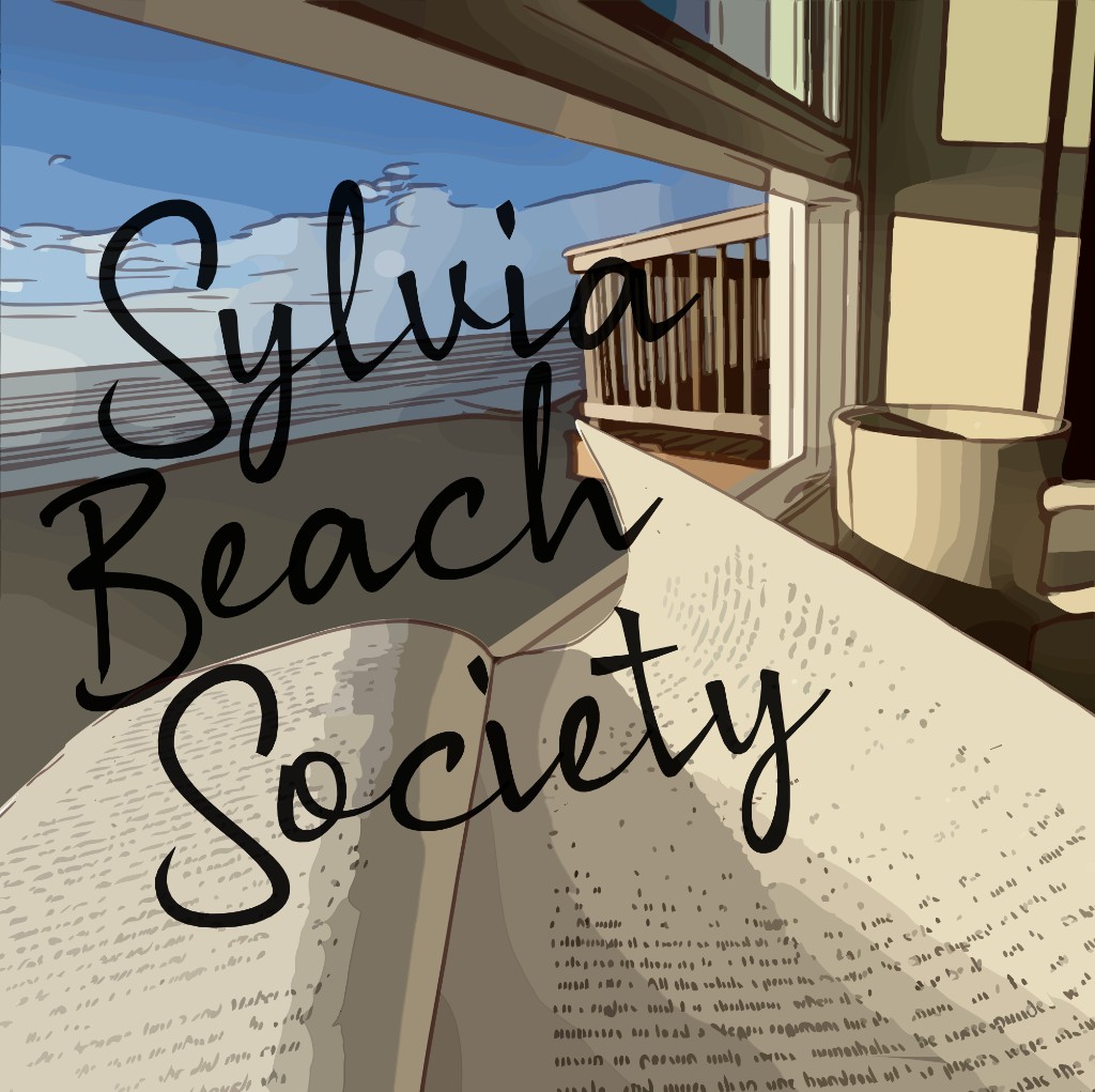 Sylvia Beach Society — hand-lettered title over a beach porch and an open book