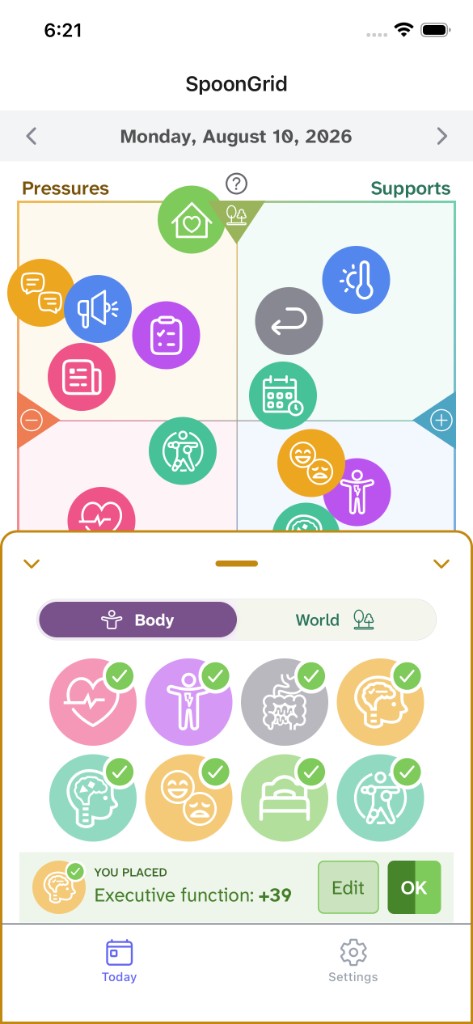 SpoonGrid grid with a Body and World ingredient picker; Executive function placed on the grid with a +39 score.