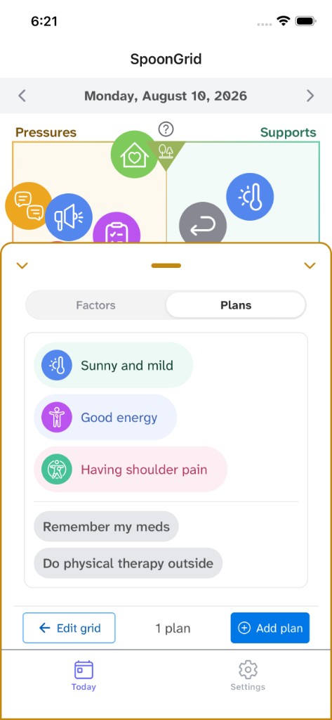 SpoonGrid Plans tab showing contextual factor pills and plan items with an Add plan button.